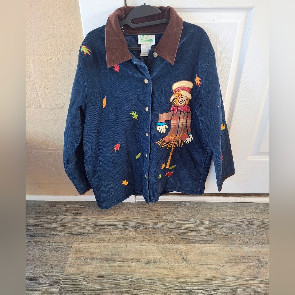 Vintage Quacker Factory Corduroy Jacket Scarecrow Autumn Leaves Large Blue